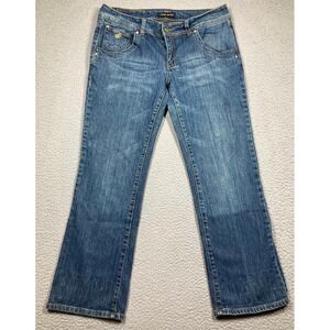 Rocawear Jeans Women's Blue‎ Straight Authentic Stretch Flap Pocket Imprint Hem